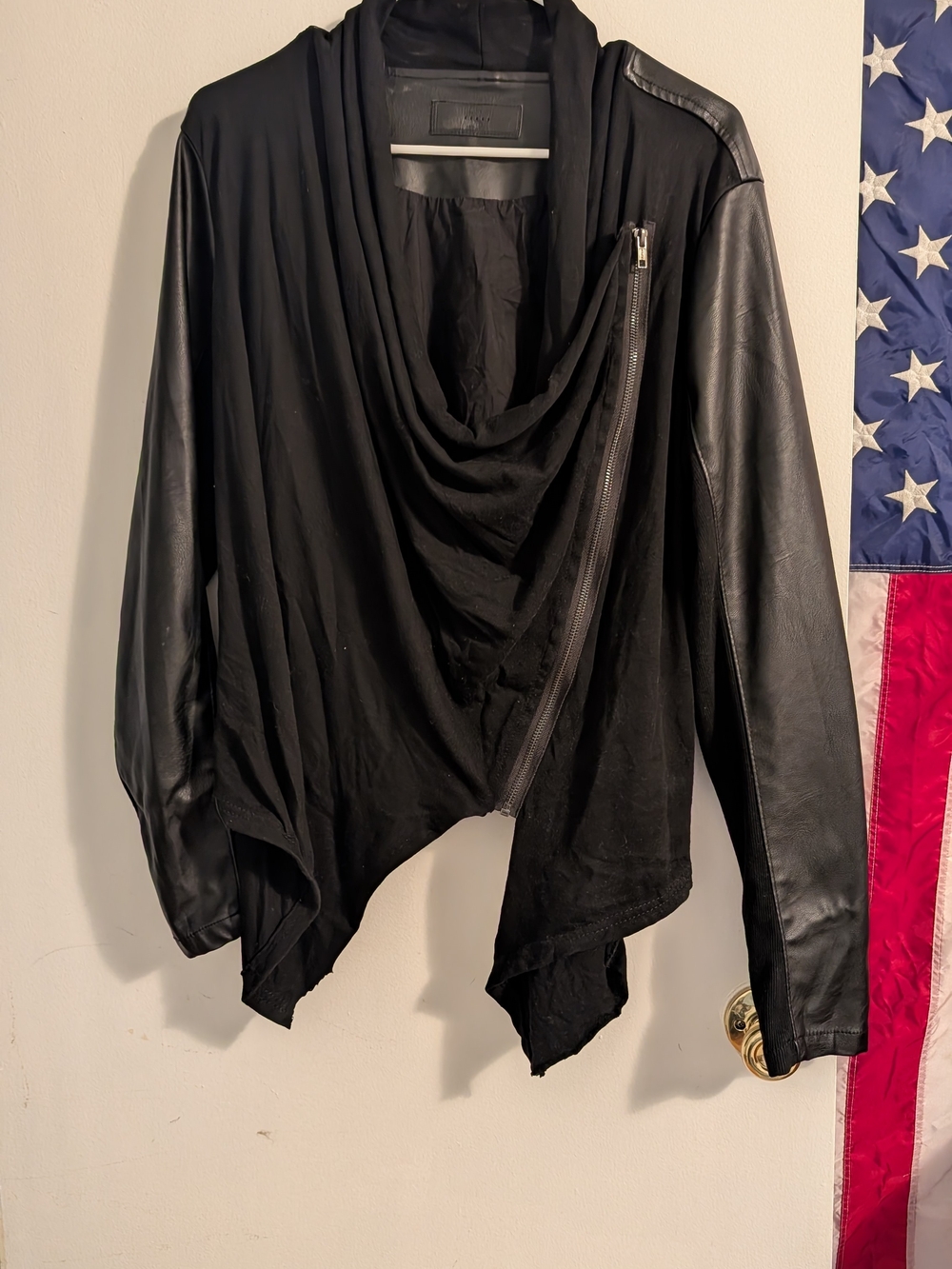 Blank NYC Black Draped Mixed-Media Cardigan with Faux-Leather Sleeves